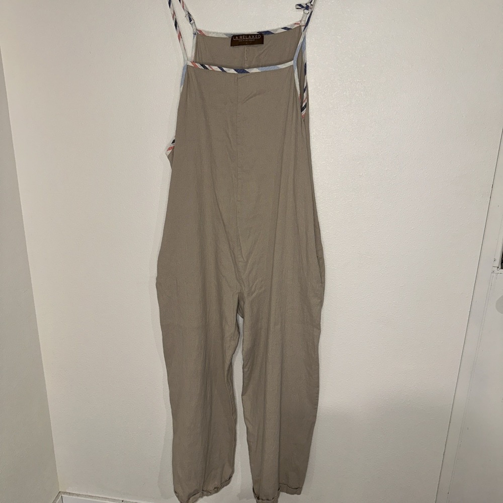 LA‎ Relaxed Jumpsuit Size L Linen Spaghetti Strap Tan